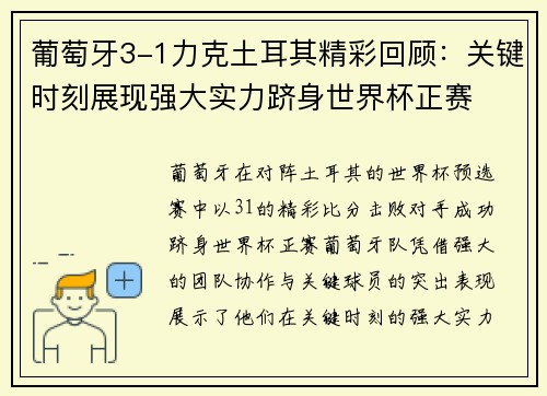 葡萄牙3-1力克土耳其精彩回顾：关键时刻展现强大实力跻身世界杯正赛